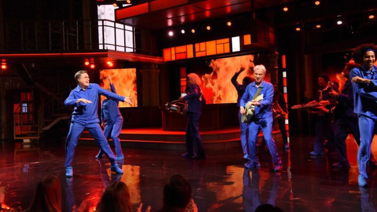 David Byrne Joins Stephen Colbert for “Burning Down the House”